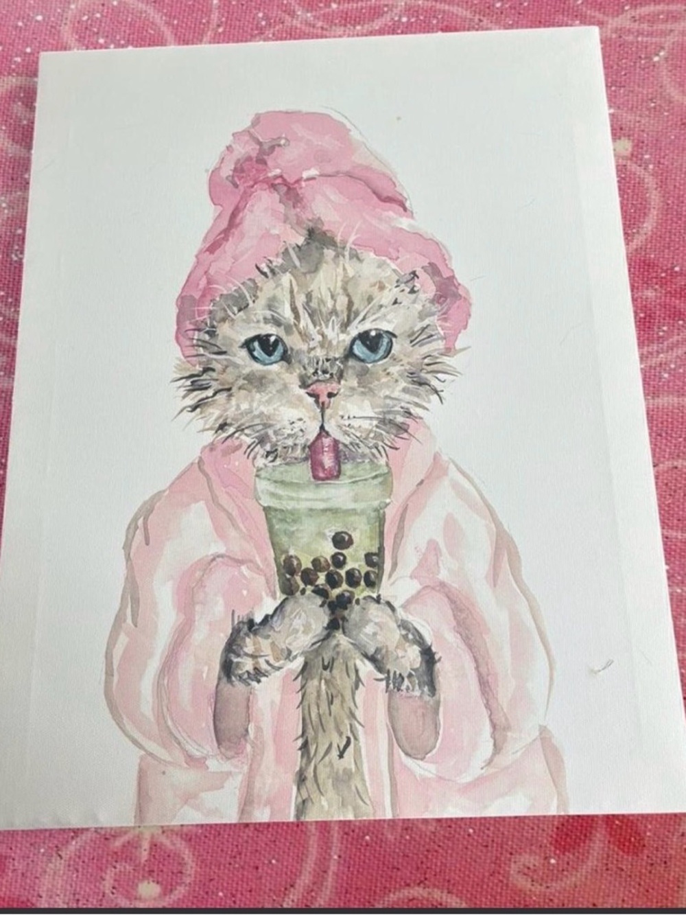 Pink Bathrobe Cat Art Print with Bubble Tea - Cute Pet Illustration